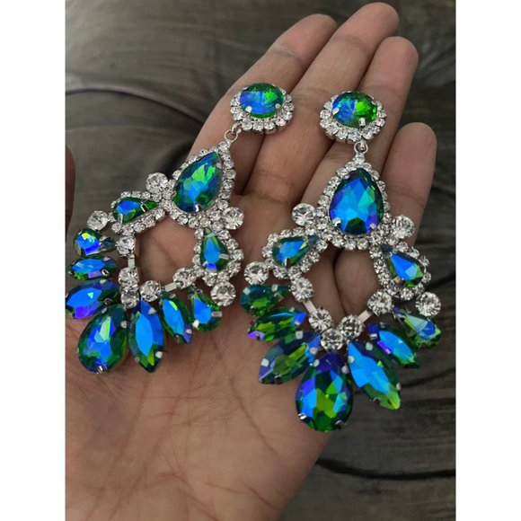 Big Blue green earrings large crystal chandelier rhinestone crystal 3.6” long - Picture 8 of 8